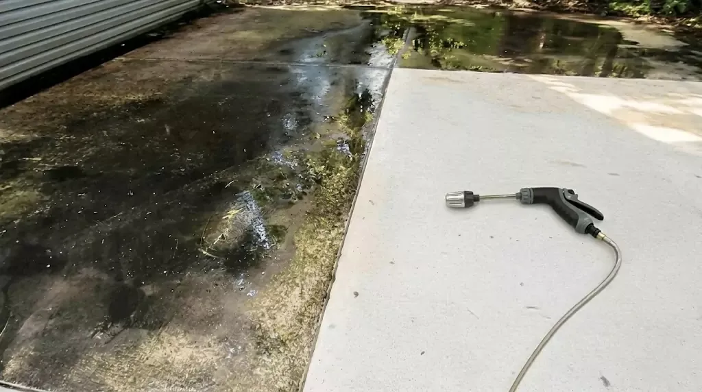Power Blast Plus test on a narrow concrete strip with years of algae buildup &mdash; clear cleaned line through the dirty area
